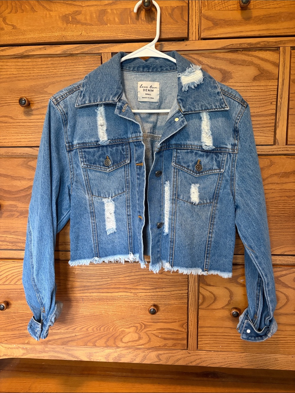 Love Tree Distressed Light Blue Cropped Denim Jacket